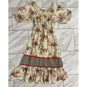 Vintage 1970s Prairie Peasant Country Floral Midi Dress Cottagecore